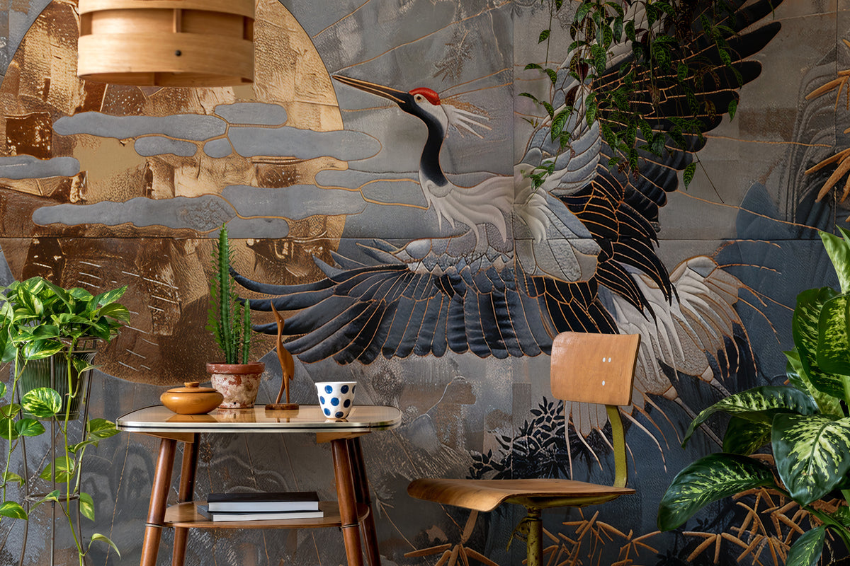 Navy Gold Crane Wallpaper : Golden Sun Flying Crane Mural