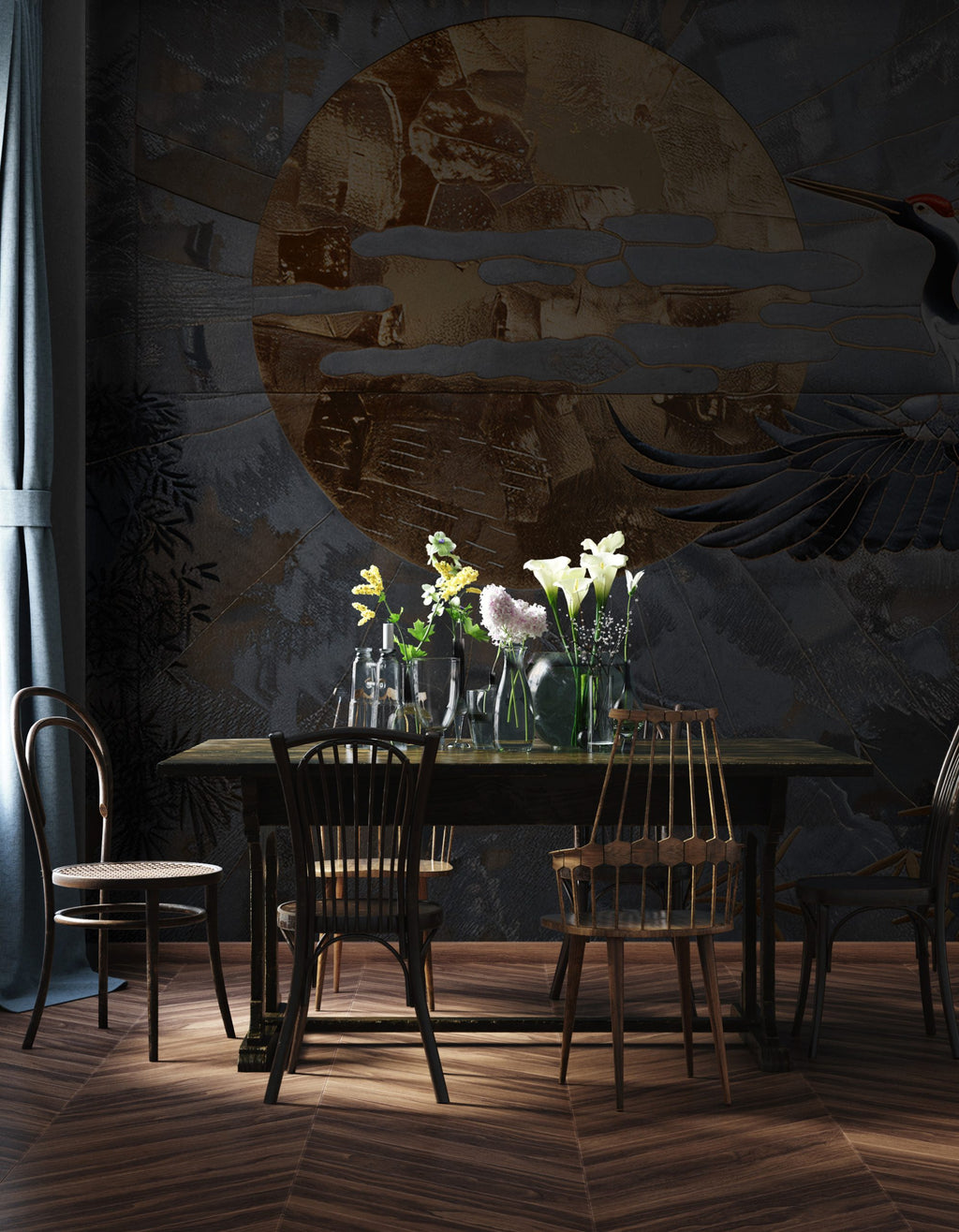 Navy Gold Crane Wallpaper : Golden Sun Flying Crane Mural - View 3