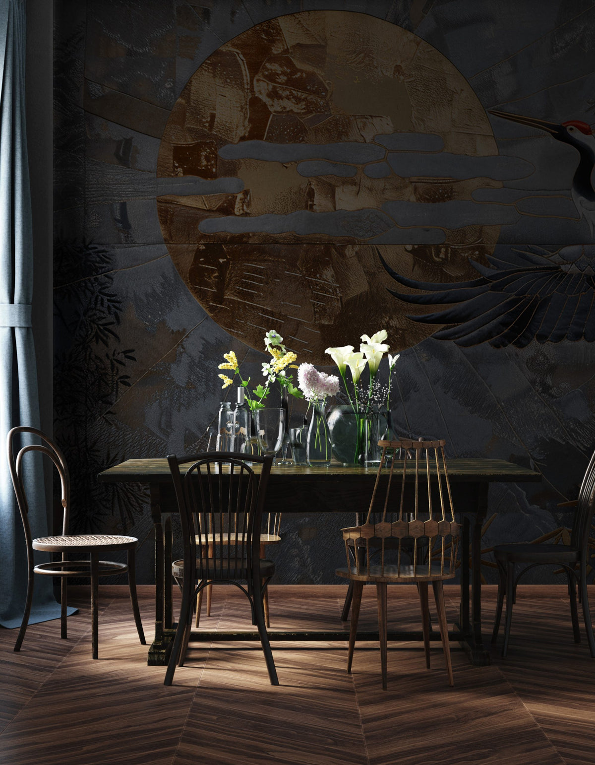 Navy Gold Crane Wallpaper : Golden Sun Flying Crane Mural - View 3