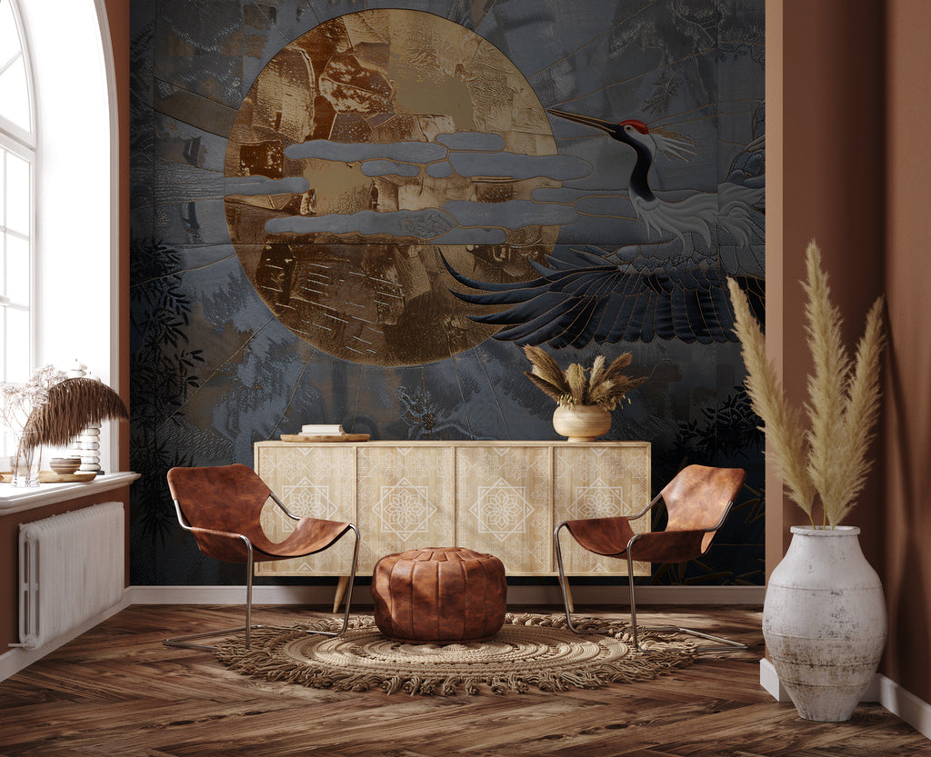 Navy Gold Crane Wallpaper : Golden Sun Flying Crane Mural - View 4