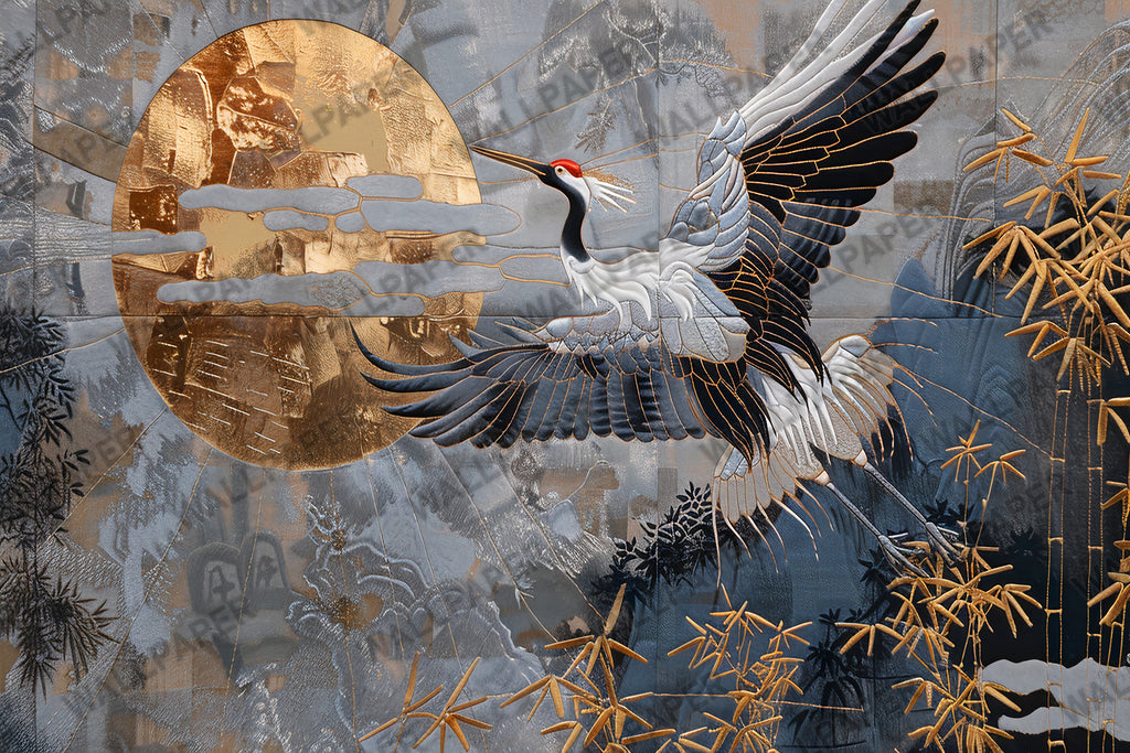 Navy Gold Crane Wallpaper : Golden Sun Flying Crane Mural - View 2