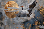 Navy Gold Crane Wallpaper : Golden Sun Flying Crane Mural - View 2