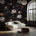 Gothic Rose Garden Wallpaper : White and Burgundy Roses on Black Pattern Mural