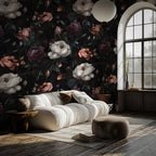Gothic Rose Garden Wallpaper : White and Burgundy Roses on Black Pattern Mural