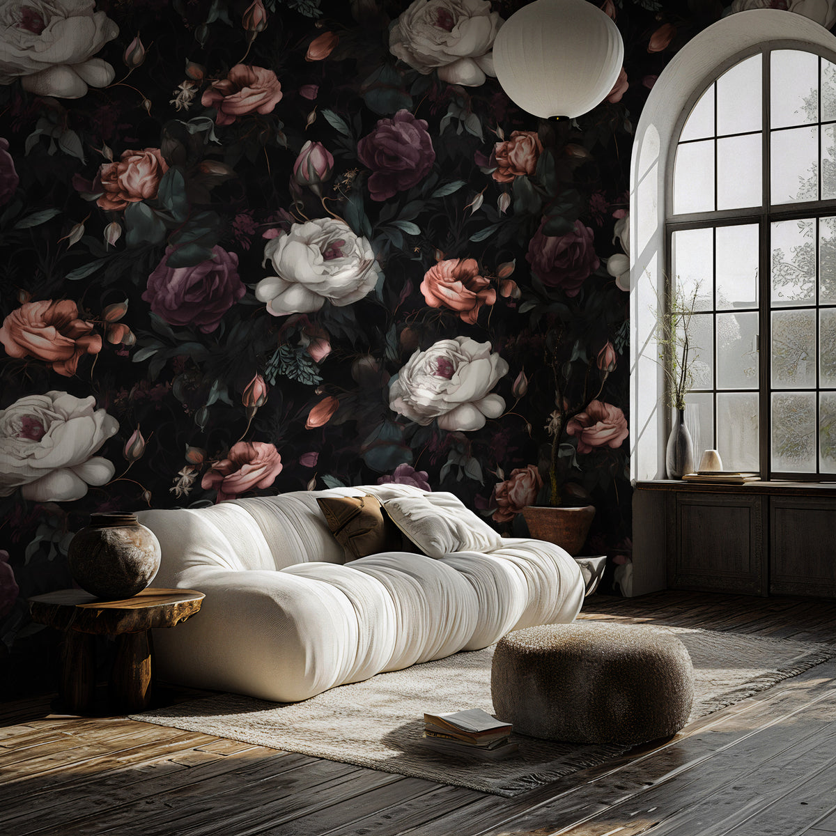 Gothic Rose Garden Wallpaper : White and Burgundy Roses on Black Pattern Mural