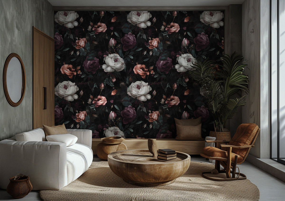 Gothic Rose Garden Wallpaper : White and Burgundy Roses on Black Pattern Mural - View 2