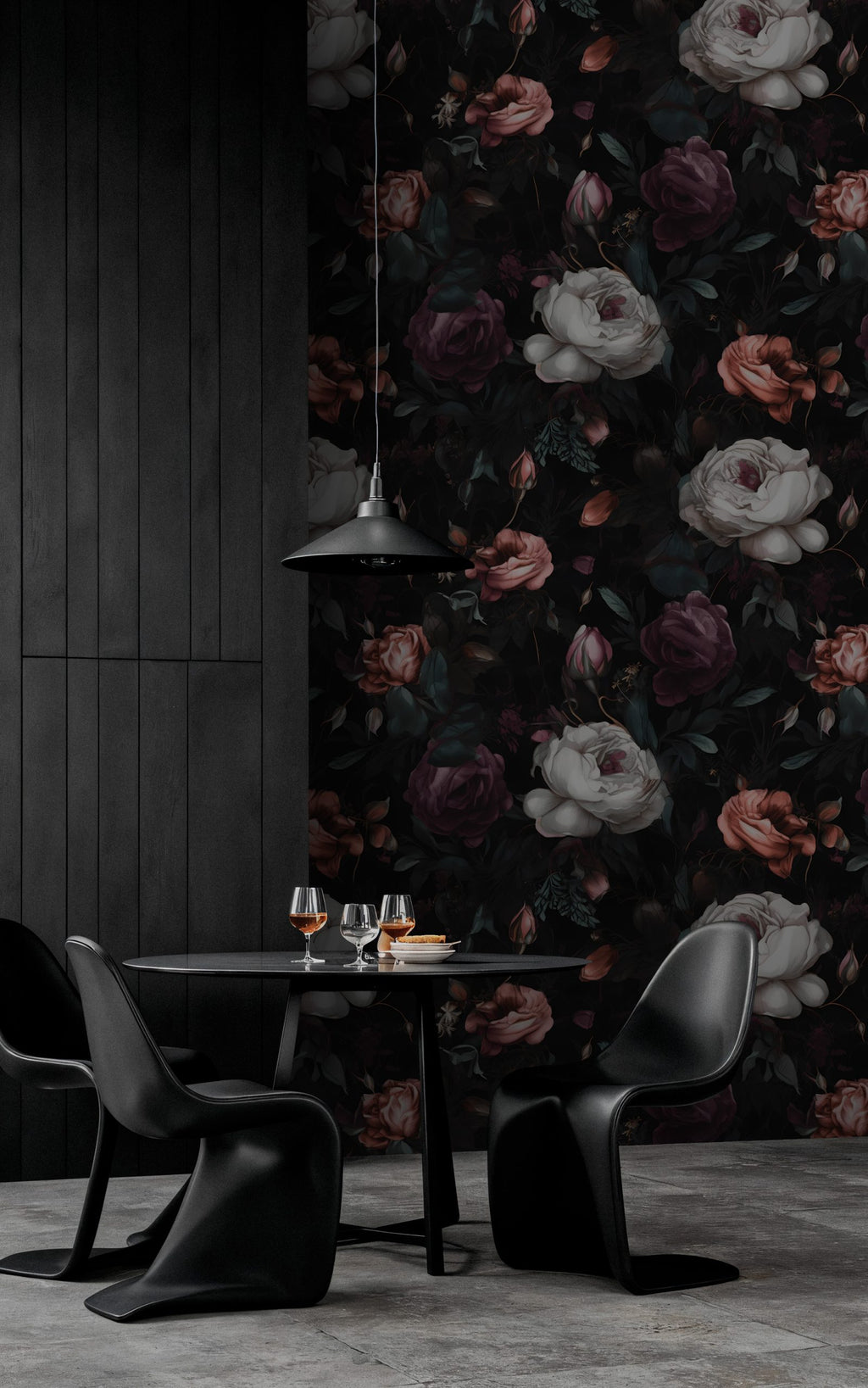 Gothic Rose Garden Wallpaper : White and Burgundy Roses on Black Pattern Mural - View 3