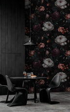 Gothic Rose Garden Wallpaper : White and Burgundy Roses on Black Pattern Mural - View 3