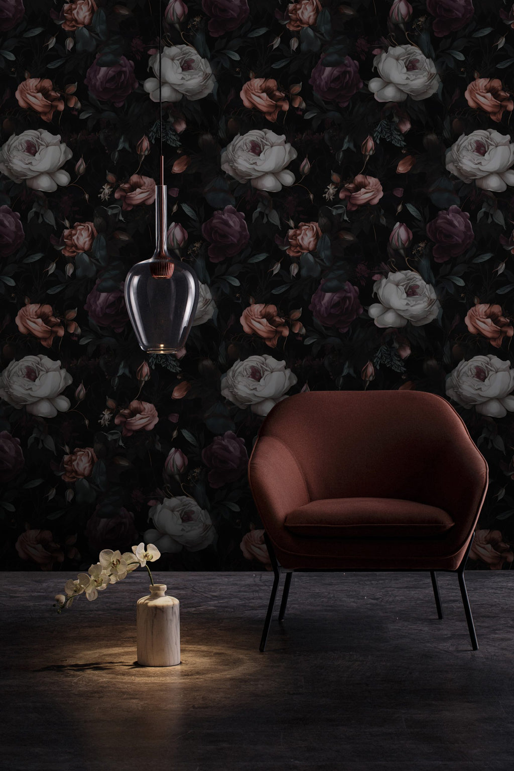 Gothic Rose Garden Wallpaper : White and Burgundy Roses on Black Pattern Mural - View 4