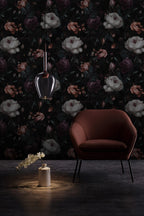 Gothic Rose Garden Wallpaper : White and Burgundy Roses on Black Pattern Mural - View 4