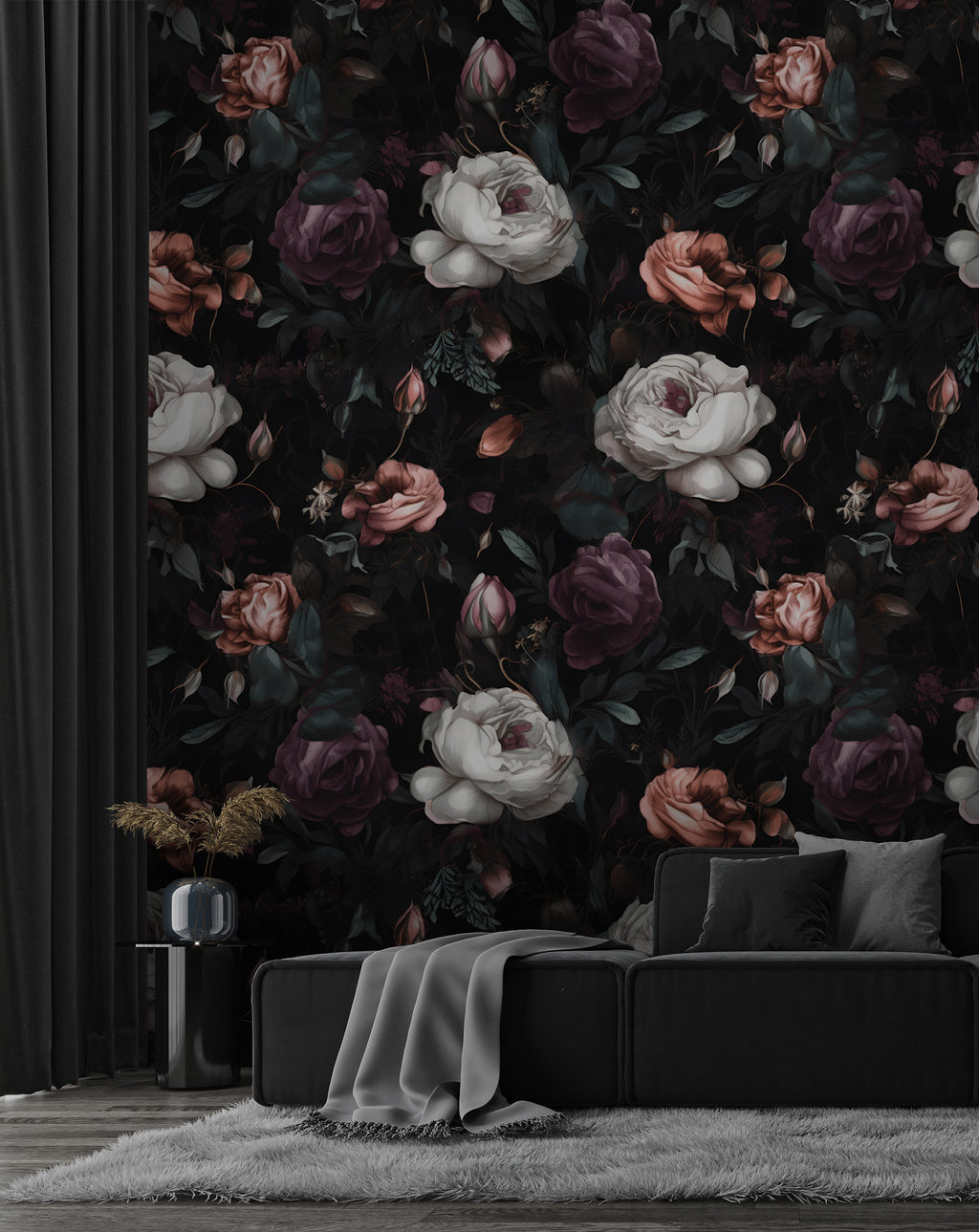 Gothic Rose Garden Wallpaper : White and Burgundy Roses on Black Pattern Mural - View 5