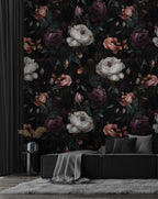 Gothic Rose Garden Wallpaper : White and Burgundy Roses on Black Pattern Mural - View 5