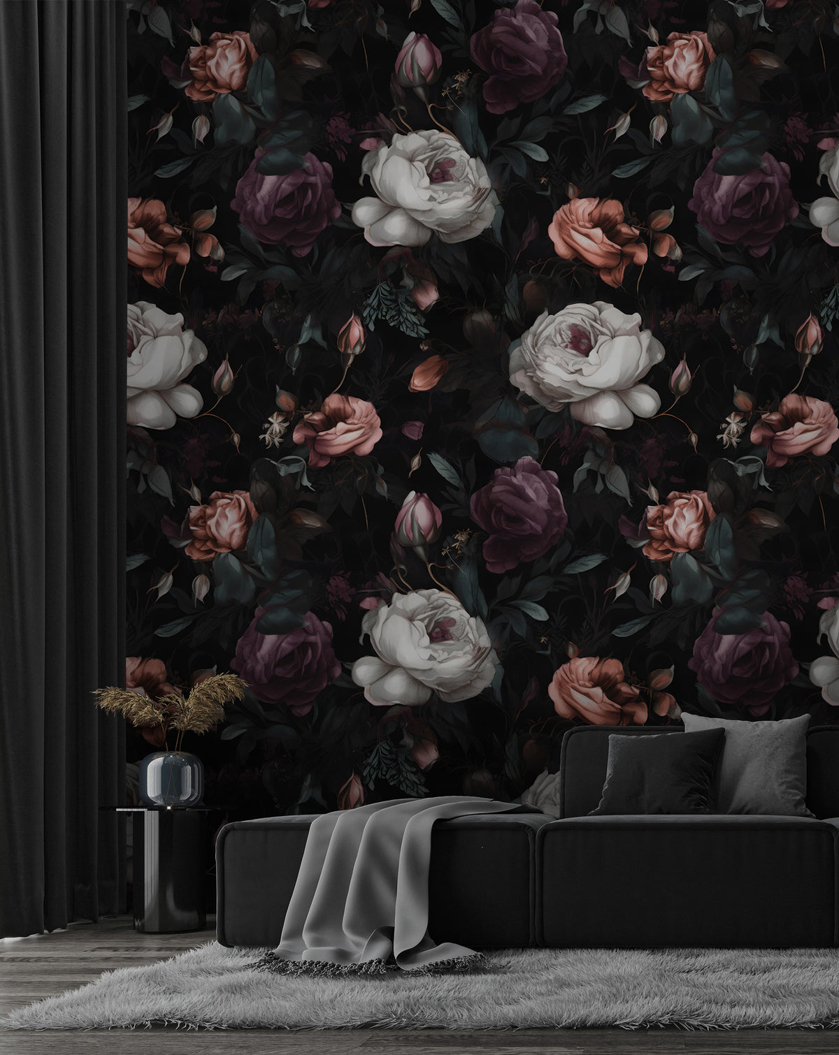 Gothic Rose Garden Wallpaper : White and Burgundy Roses on Black Pattern Mural - View 5