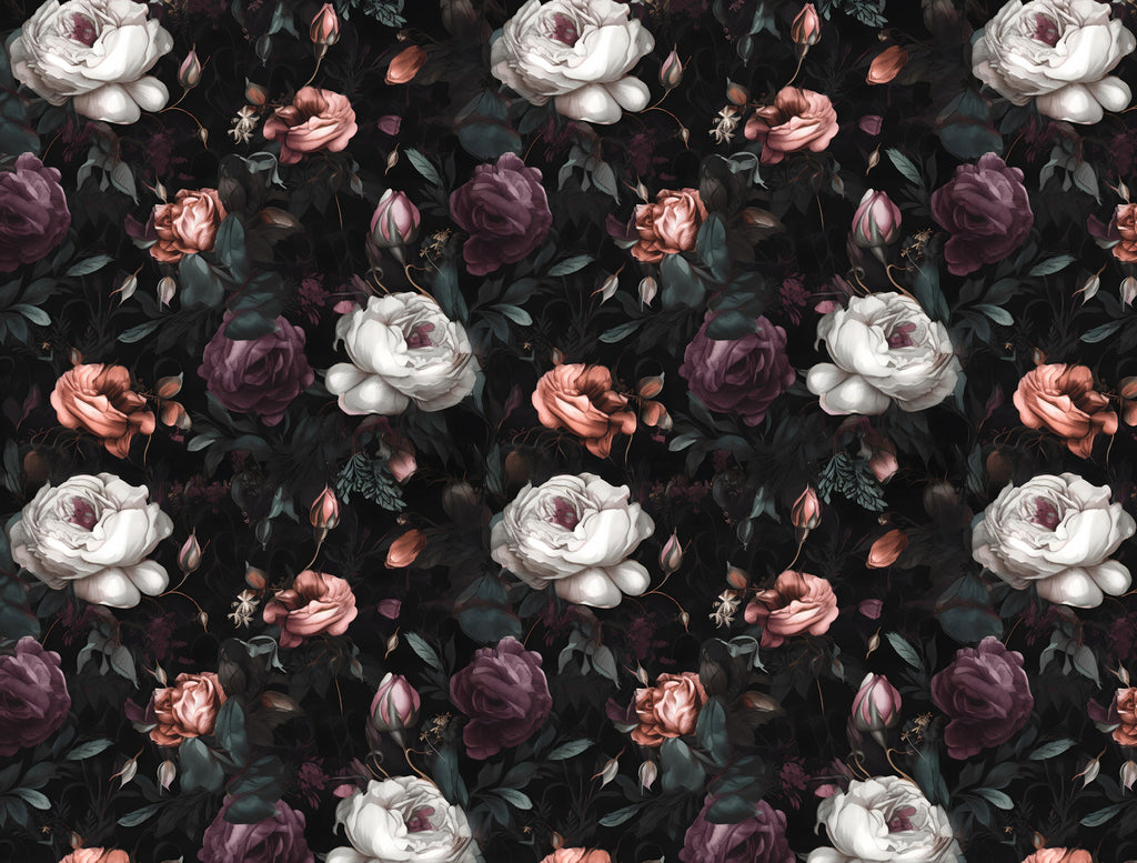 Gothic Rose Garden Wallpaper : White and Burgundy Roses on Black Pattern Mural - flat design
