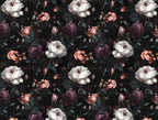 Gothic Rose Garden Wallpaper : White and Burgundy Roses on Black Pattern Mural - flat design