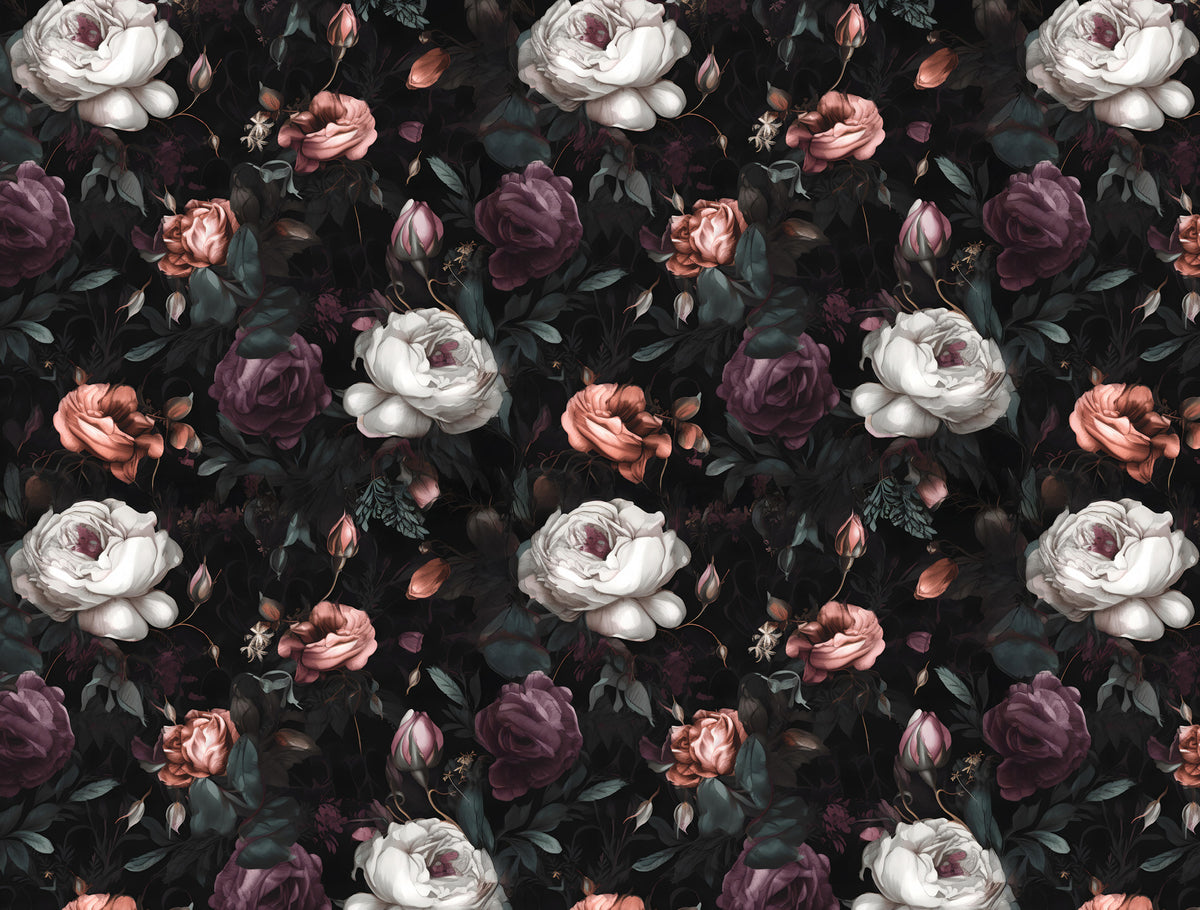 Gothic Rose Garden Wallpaper : White and Burgundy Roses on Black Pattern Mural - flat design