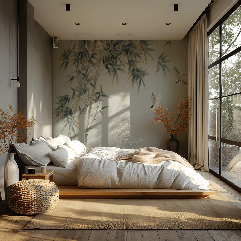 Shadow Leaves Wallpaper : Reed Branches and Cloud Motif Mural