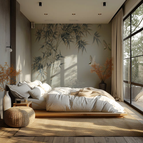 Shadow Leaves Wallpaper : Reed Branches and Cloud Motif Mural