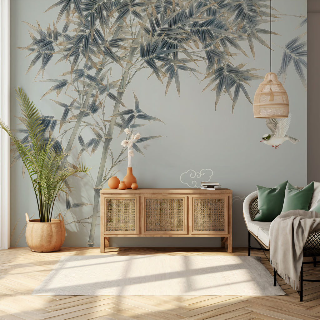 Shadow Leaves Wallpaper : Reed Branches and Cloud Motif Mural - View 3