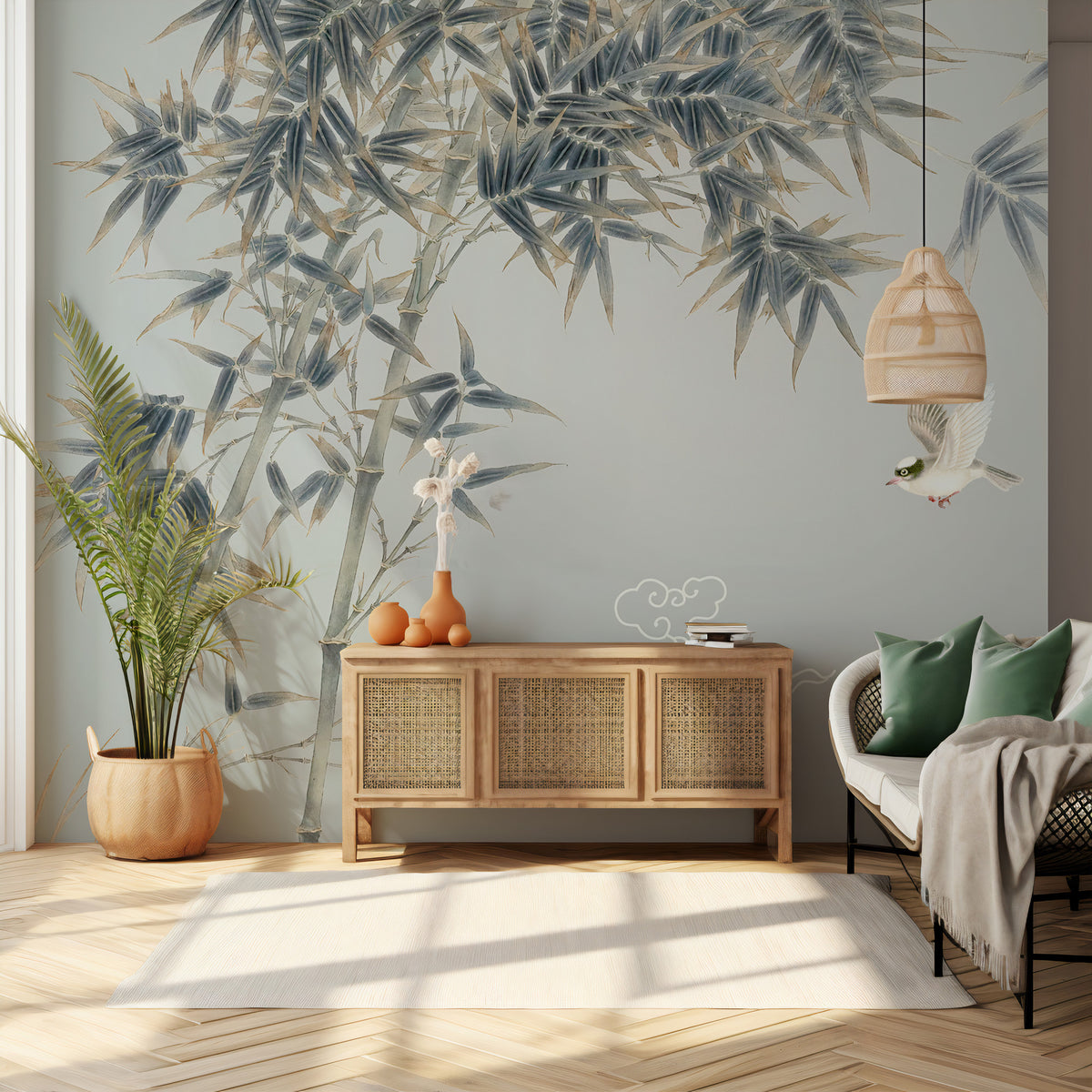 Shadow Leaves Wallpaper : Reed Branches and Cloud Motif Mural - View 3