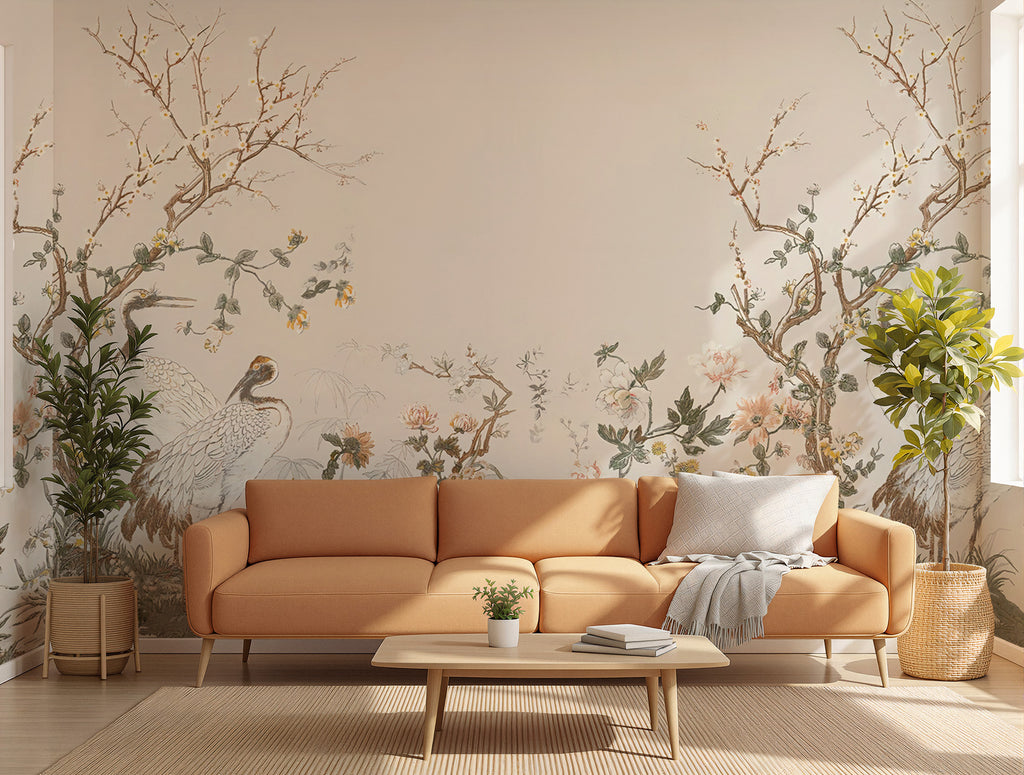 Crane Garden Border Wallpaper : Chinoiserie Blossom Trees Mural