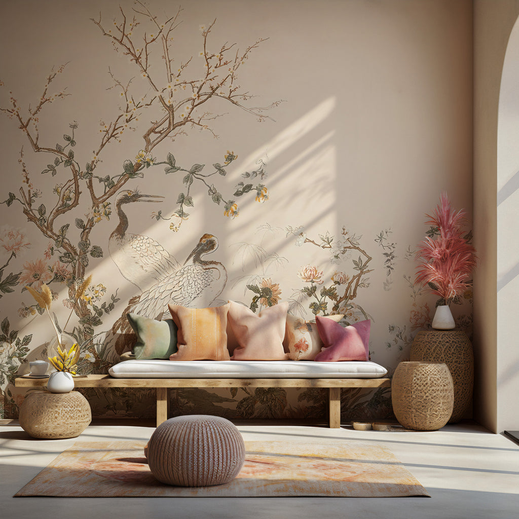 Crane Garden Border Wallpaper : Chinoiserie Blossom Trees Mural - View 2