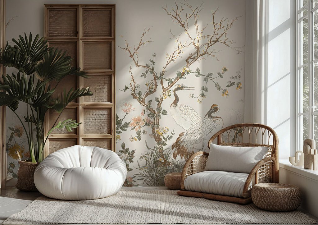 Crane Garden Border Wallpaper : Chinoiserie Blossom Trees Mural - View 3