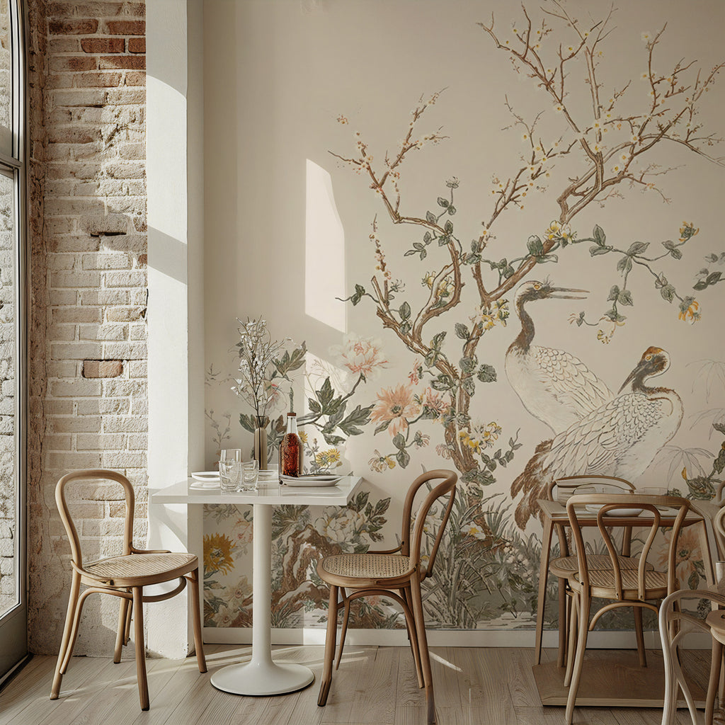 Crane Garden Border Wallpaper : Chinoiserie Blossom Trees Mural - View 4