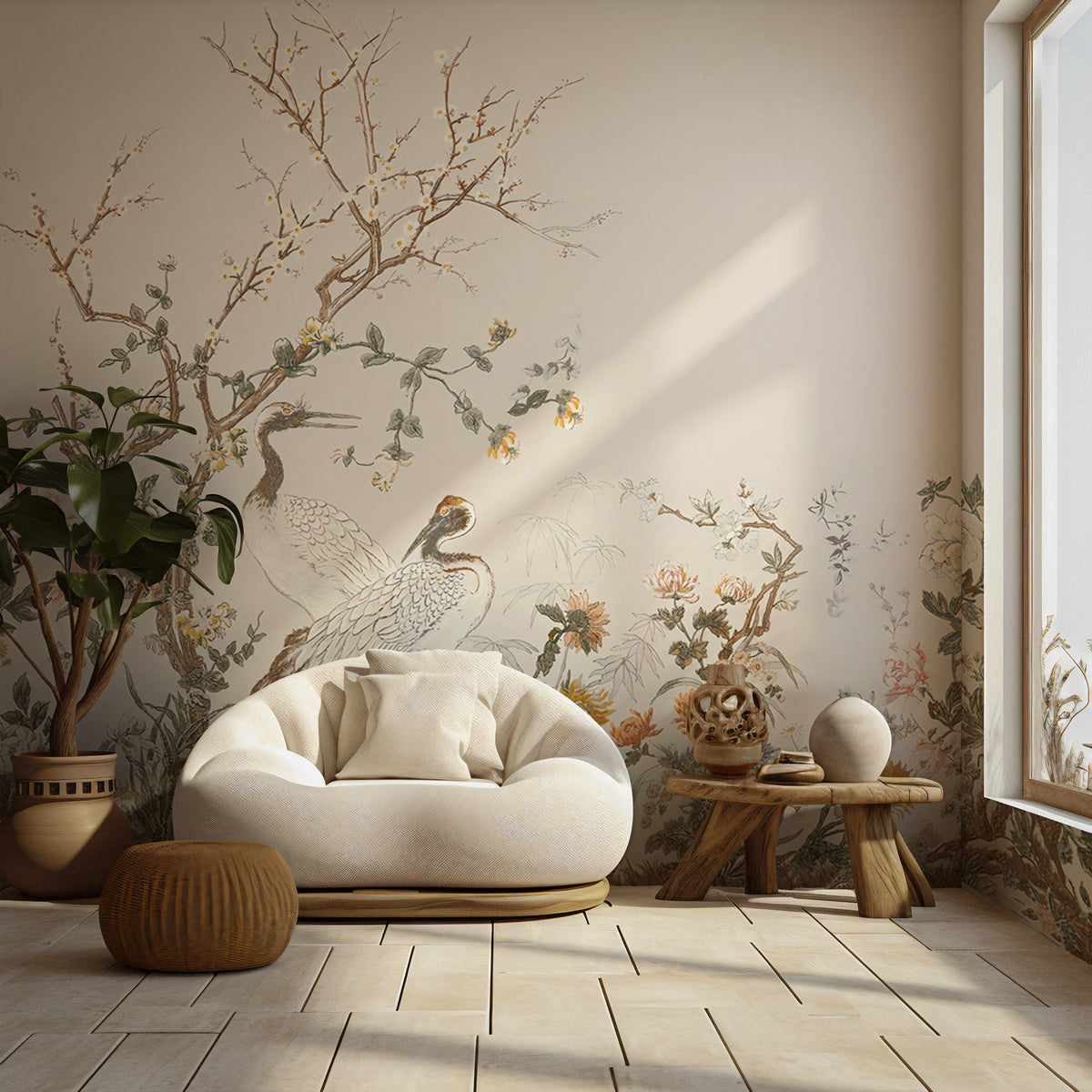 Crane Garden Border Wallpaper : Chinoiserie Blossom Trees Mural - View 5
