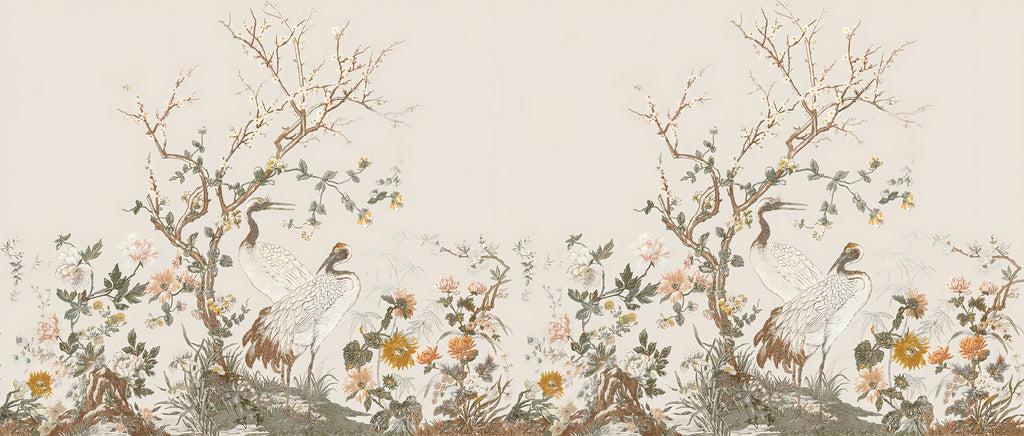 Crane Garden Border Wallpaper : Chinoiserie Blossom Trees Mural - flat design