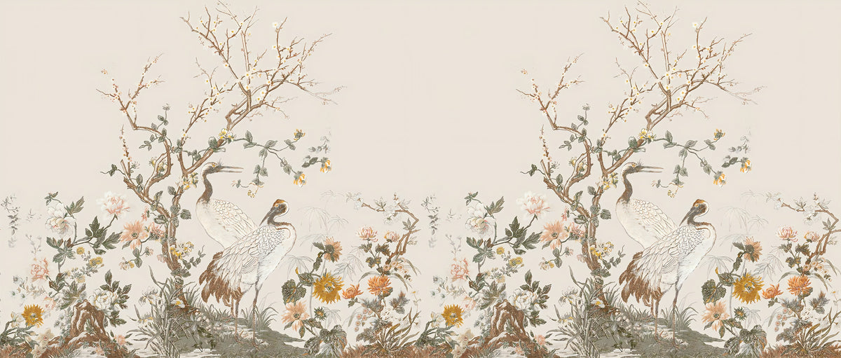 Crane Garden Border Wallpaper : Chinoiserie Blossom Trees Mural - flat design