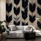 Black Feather Wallpaper : Navy and Ivory Plume Pattern Mural - View 3