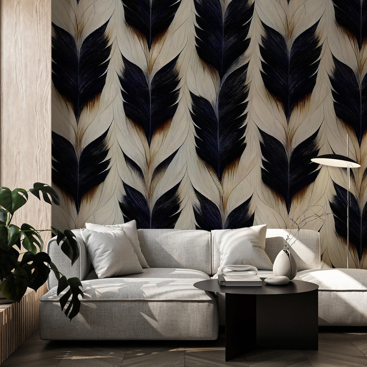 Black Feather Wallpaper : Navy and Ivory Plume Pattern Mural - View 3