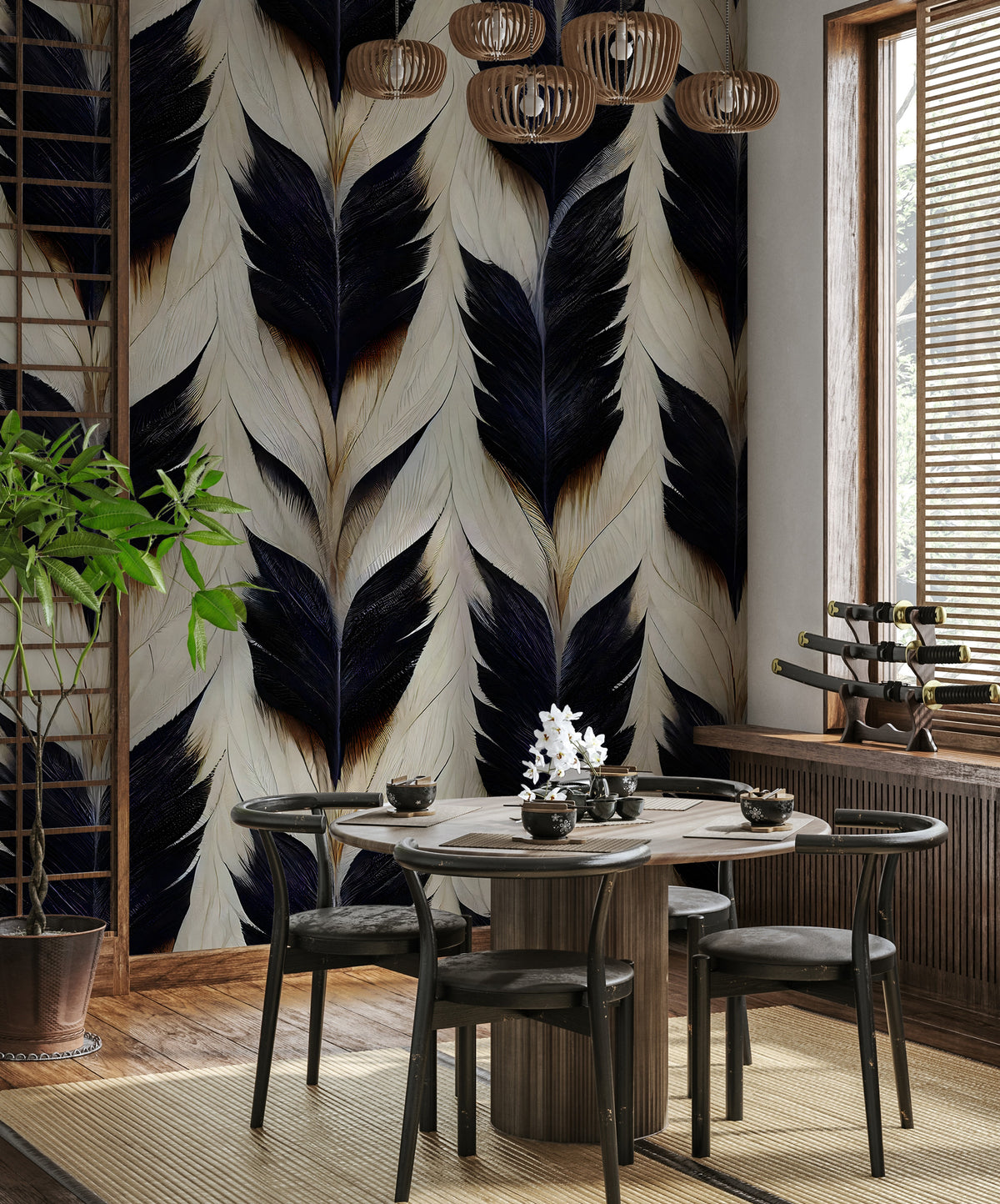 Black Feather Wallpaper : Navy and Ivory Plume Pattern Mural