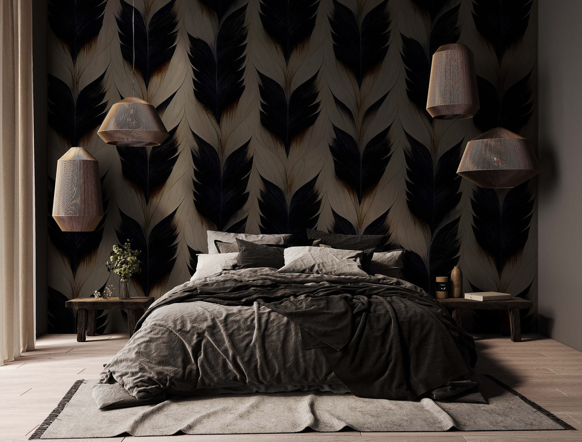 Black Feather Wallpaper : Navy and Ivory Plume Pattern Mural - View 4
