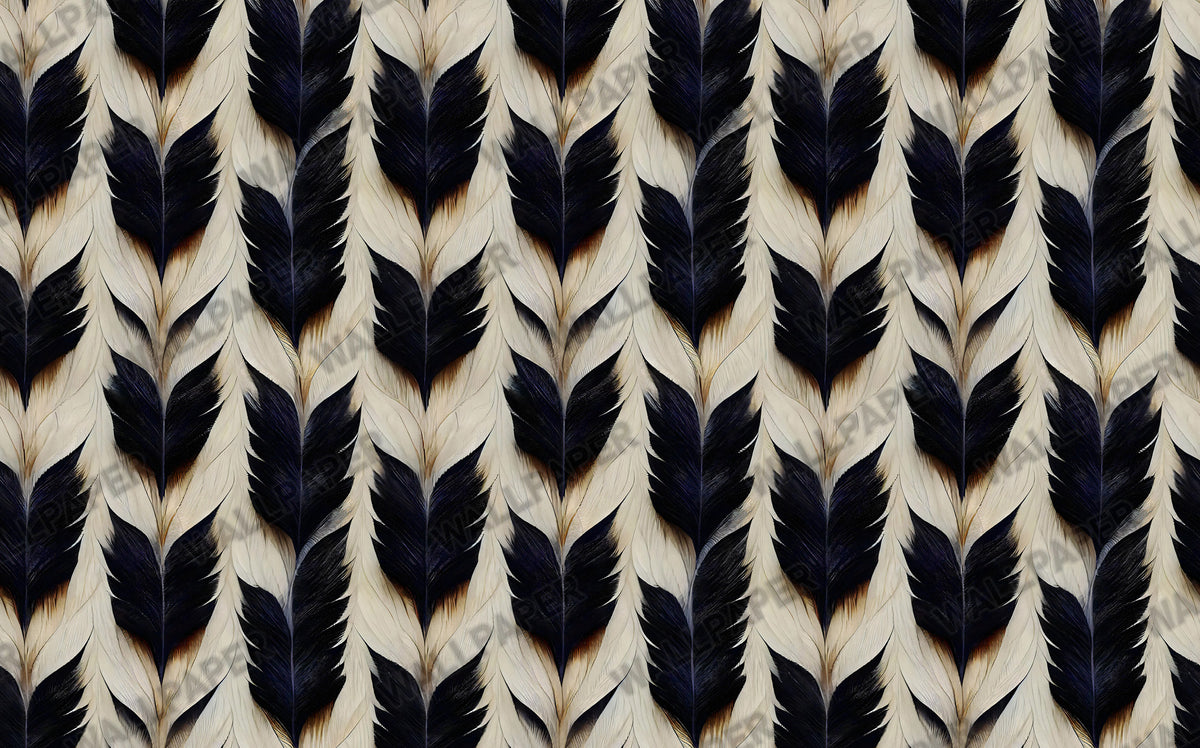 Black Feather Wallpaper : Navy and Ivory Plume Pattern Mural - View 2