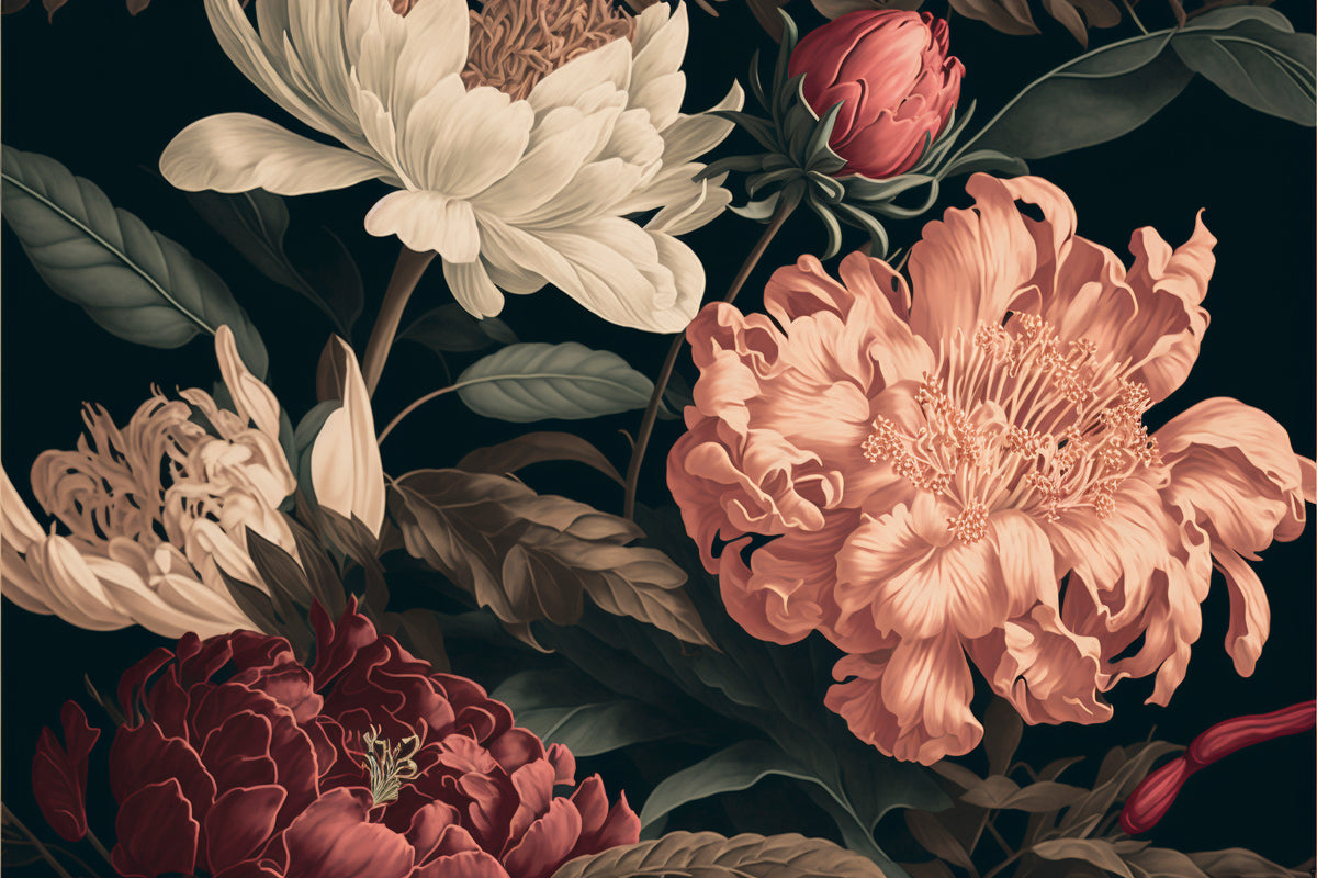 Dark Peony Wallpaper : Oversized Coral and Cream Flowers Mural - flat design