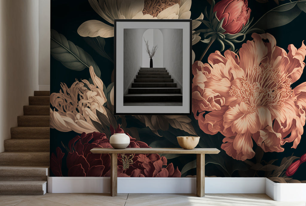 Dark Peony Wallpaper : Oversized Coral and Cream Flowers Mural - View 2