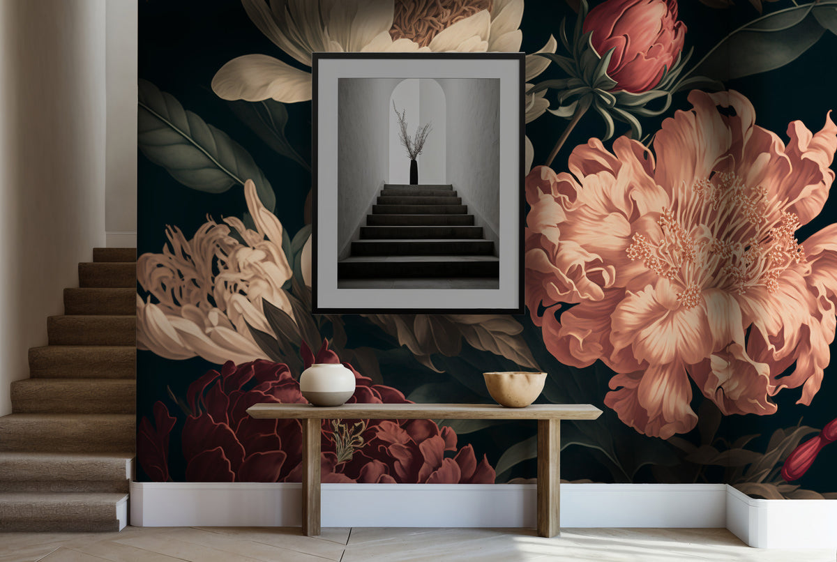 Dark Peony Wallpaper : Oversized Coral and Cream Flowers Mural - View 2
