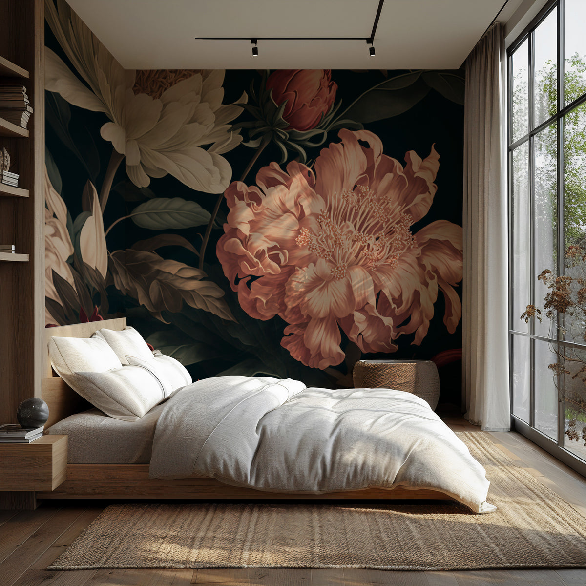 Dark Peony Wallpaper : Oversized Coral and Cream Flowers Mural - View 3