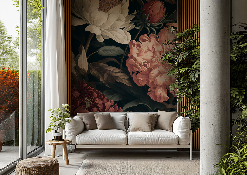 Dark Peony Wallpaper : Oversized Coral and Cream Flowers Mural - View 4