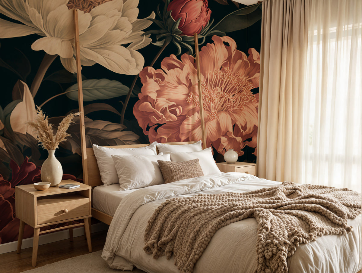 Dark Peony Wallpaper : Oversized Coral and Cream Flowers Mural