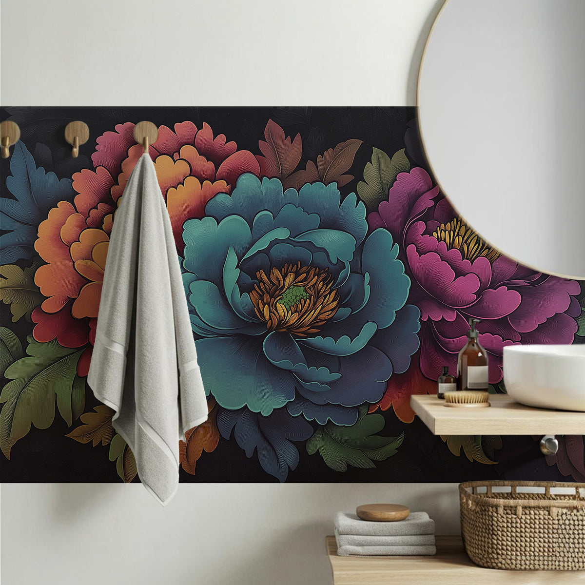 Teal Floral Symphony Wallpaper : Bold Painted Flowers Mural