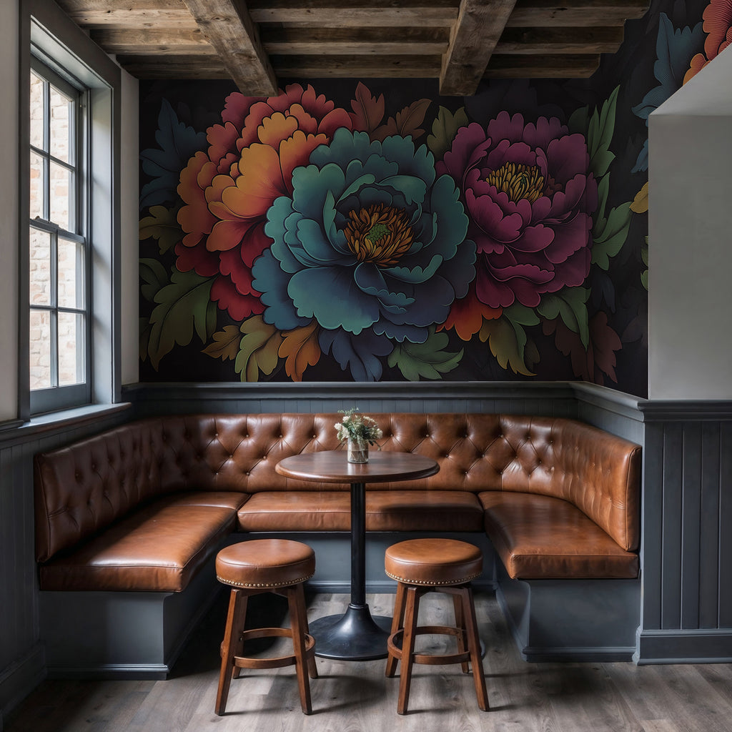 Teal Floral Symphony Wallpaper : Bold Painted Flowers Mural - View 2