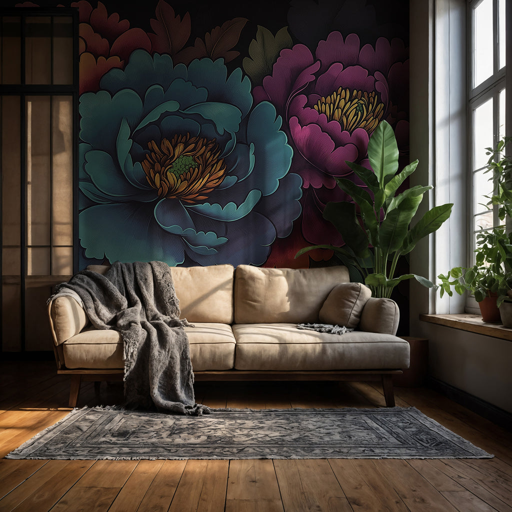 Teal Floral Symphony Wallpaper : Bold Painted Flowers Mural - View 3