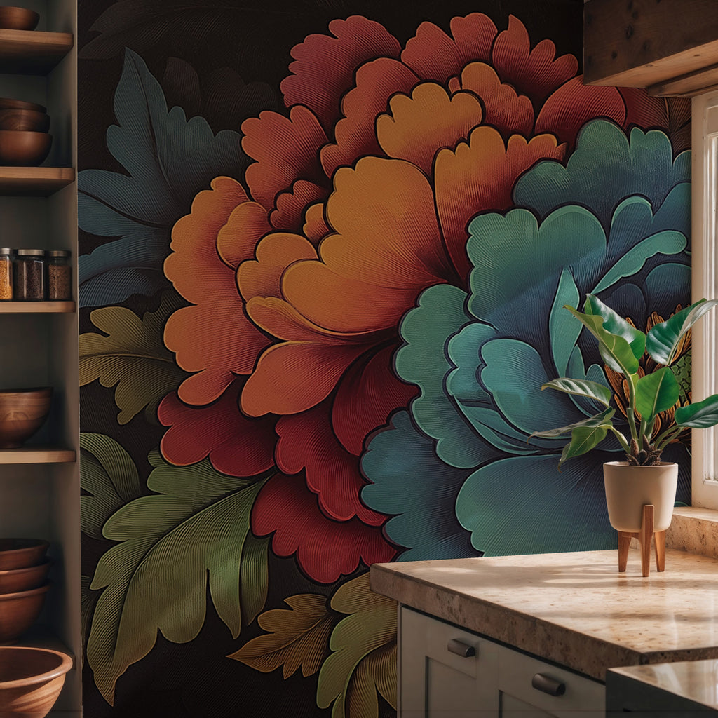 Teal Floral Symphony Wallpaper : Bold Painted Flowers Mural - View 4