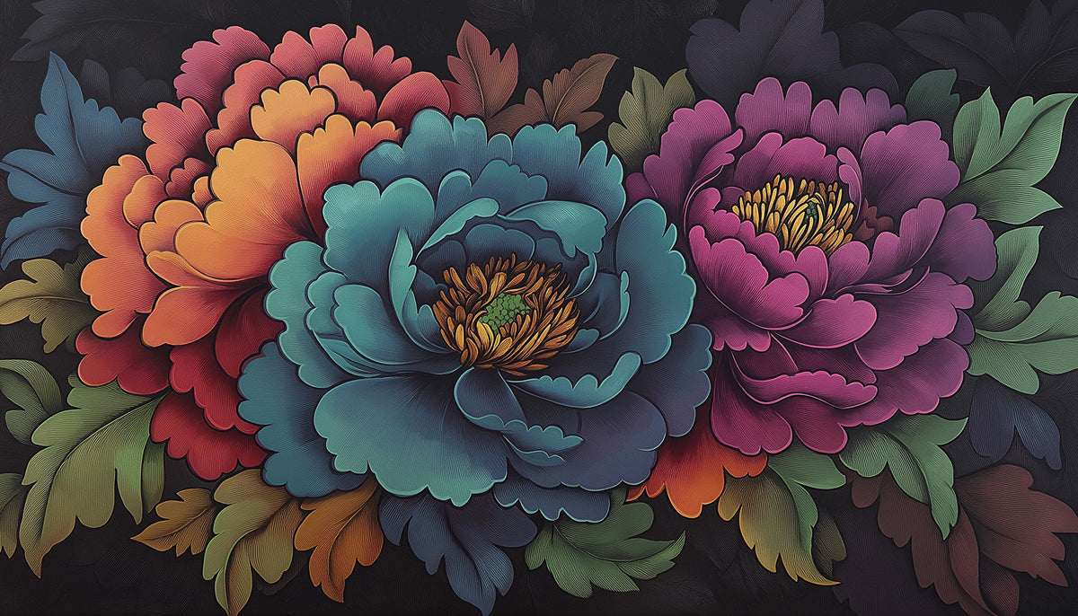 Teal Floral Symphony Wallpaper : Bold Painted Flowers Mural - flat design