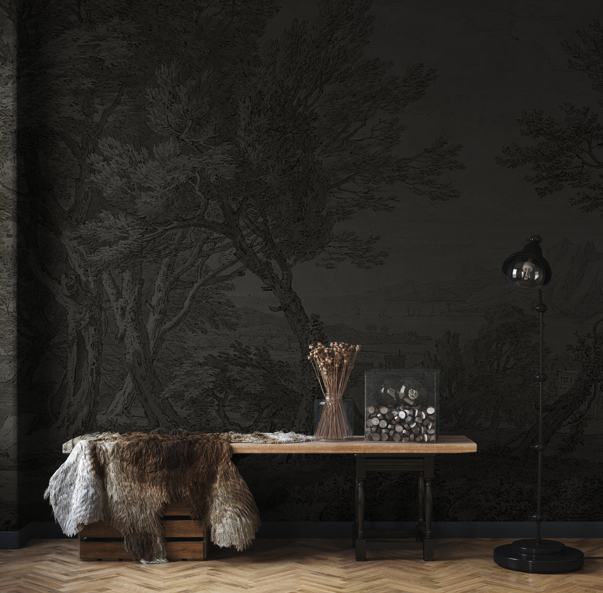 Charcoal Forest Wallpaper : Sepia Sketched Woodland Mural - View 4