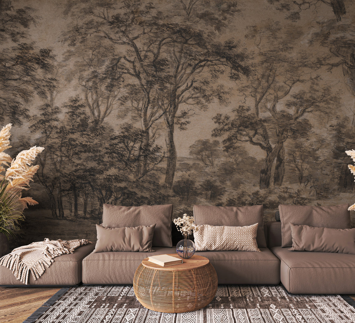 Charcoal Forest Wallpaper : Sepia Sketched Woodland Mural - View 5