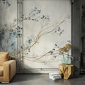 Autumn Branch Wallpaper : Gold and Blue Watercolor Mural